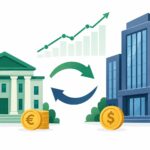 Ilustración de un fondo de inversión y un banco intercambiando flujos mediante un swap, con un gráfico ascendente y monedas de euro y dólar