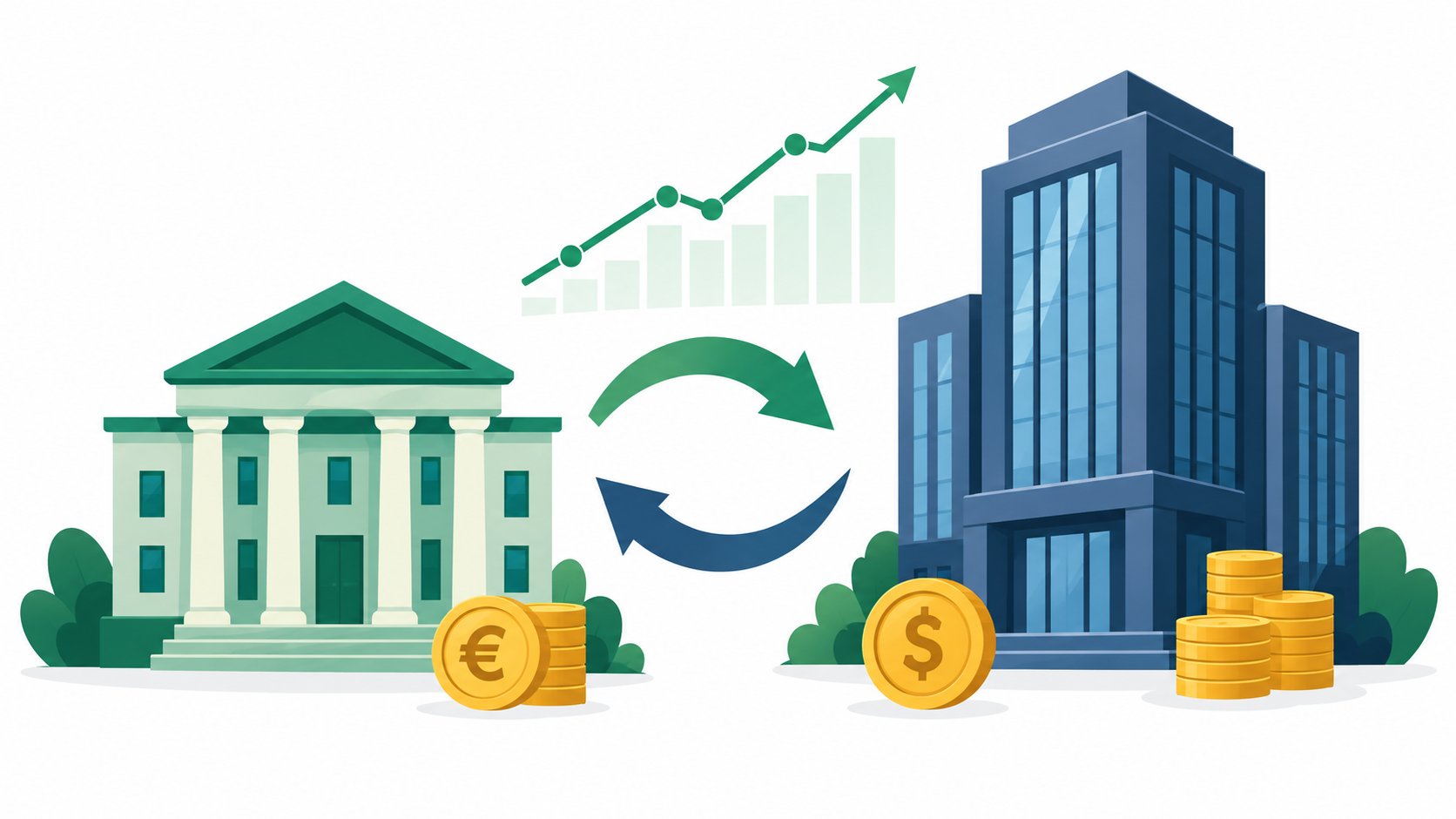 Ilustraci&oacute;n de un fondo de inversi&oacute;n y un banco intercambiando flujos mediante un swap, con un gr&aacute;fico ascendente y monedas de euro y d&oacute;lar